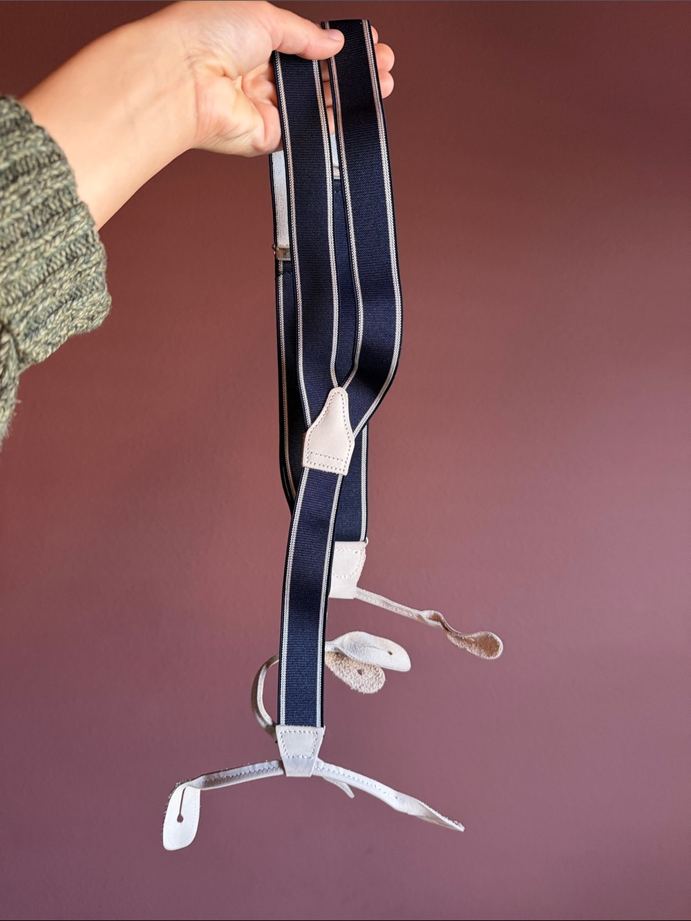 Men's Navy Suspenders with White Leather Accents